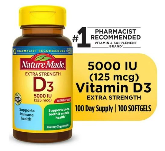Nature Made Extra Strength Vitamin D3 5000 IU (125 mcg) Softgels, Dietary Supplement for Bone and Immune Health Support, 100 Count Nature Made Extra Strength Vitamin D3 5000 IU (125 mcg) Softgels, Dietary Supplement for Bone and Immune Health Support, 100 Count