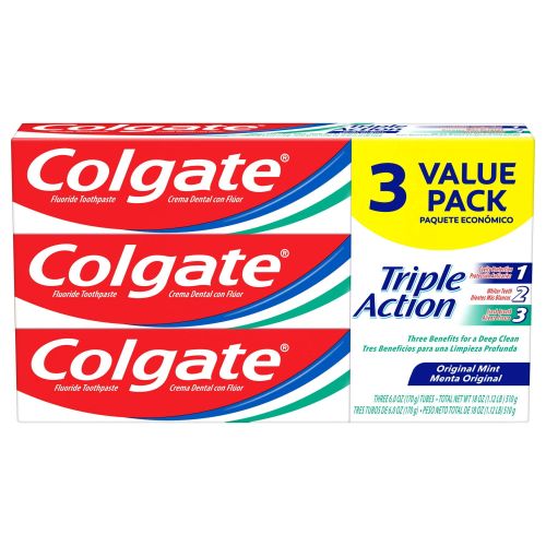Colgate Triple Action Toothpaste; Original Mint; 3 Pack; 6 oz Colgate Triple Action Toothpaste; Original Mint; 3 Pack; 6 oz